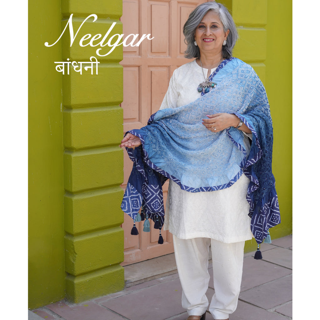 BLUE NEW DIAMOND 1 GEOMETRIC BANDHANI SILK DUPATTA WITH BORDER AND TASSELS
