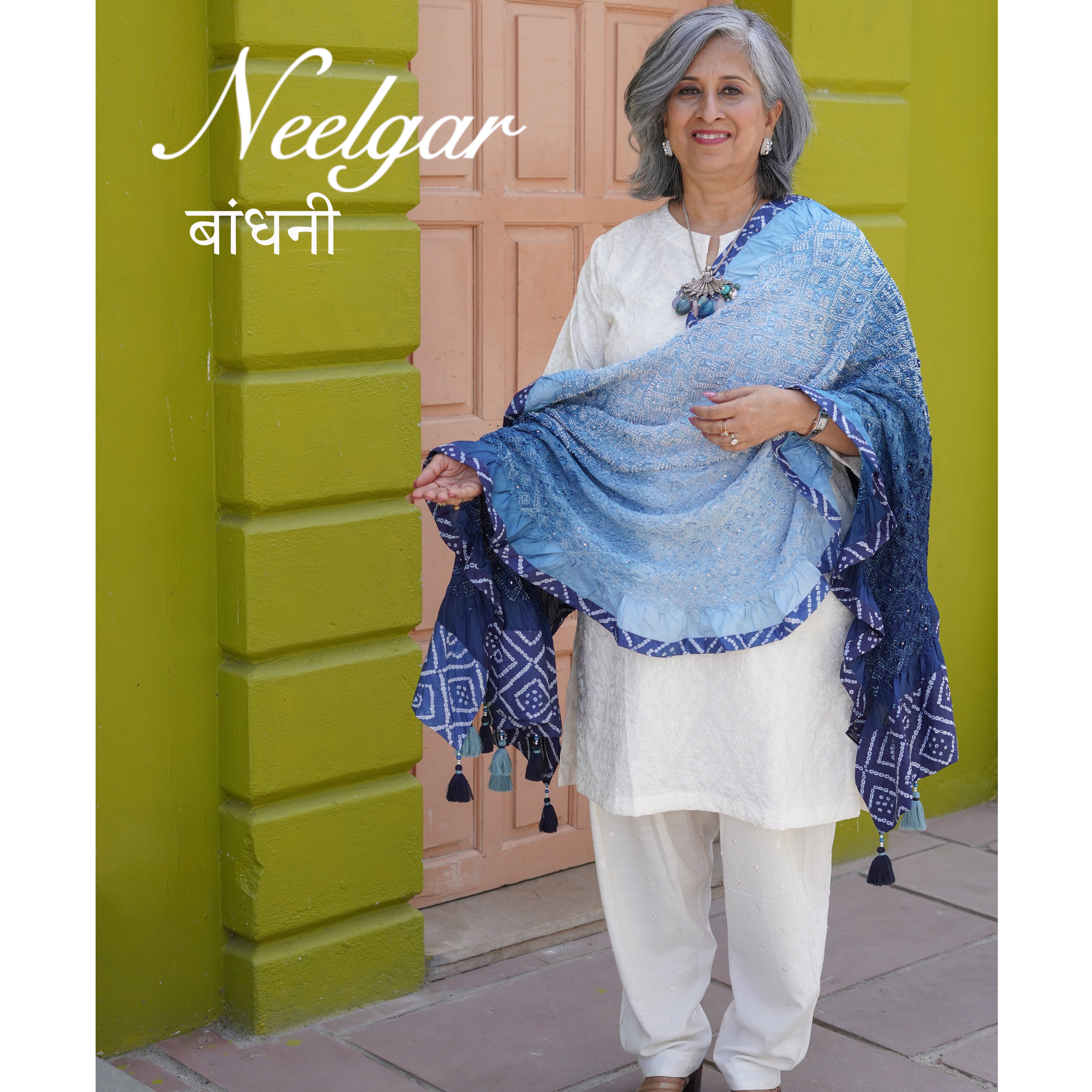 BLUE NEW DIAMOND 1 GEOMETRIC BANDHANI SILK DUPATTA WITH BORDER AND TASSELS